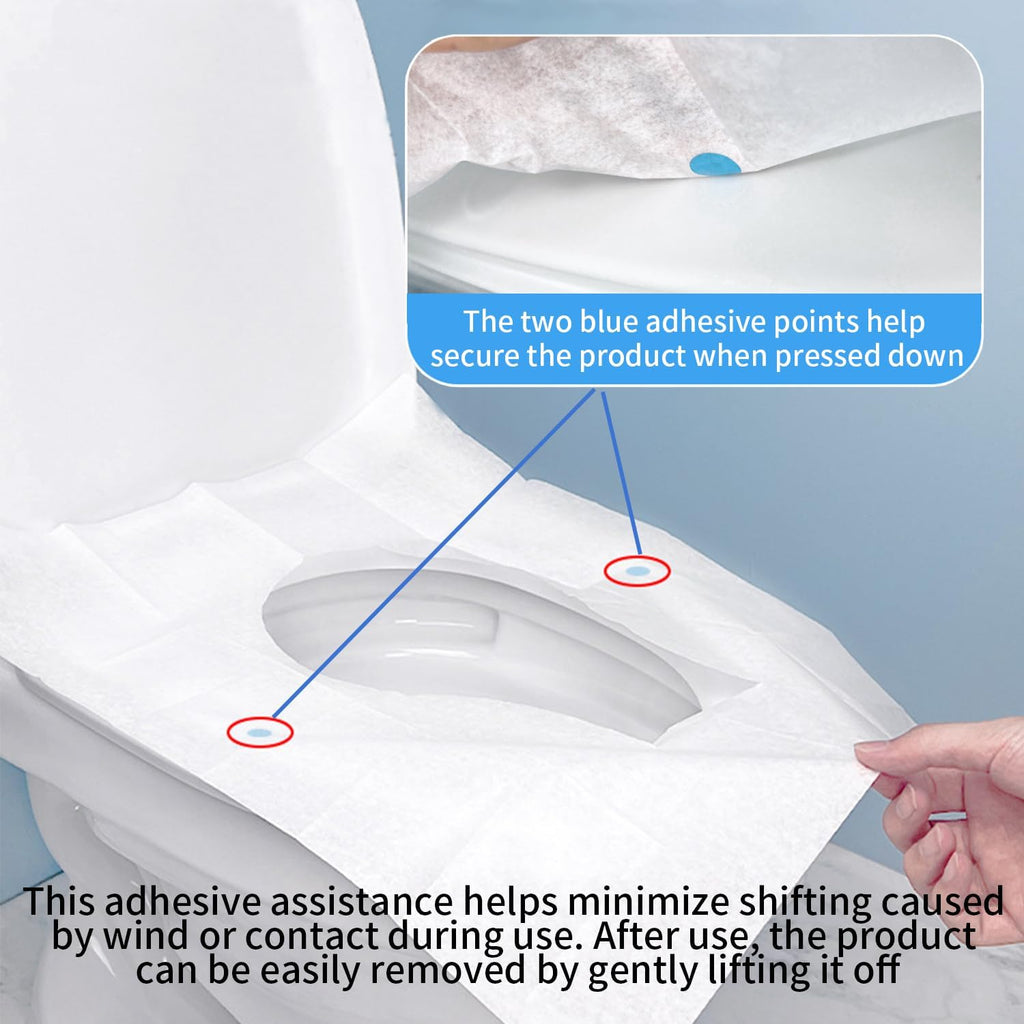 Disposable Toilet Seat Covers | 10 Sheets x 5 Packs, Adhesive Secured, Physical Isolation Design | Travel Accessories for Public Restrooms, Camping & Airplane (50, M)