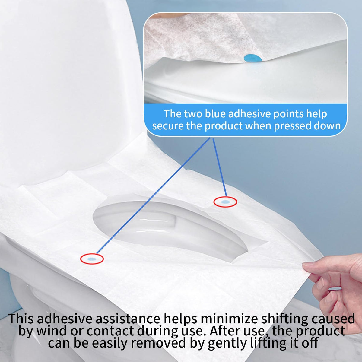 Disposable Toilet Seat Covers | 10 Sheets x 5 Packs, Adhesive Secured, Physical Isolation Design | Travel Accessories for Public Restrooms, Camping & Airplane (50, M)