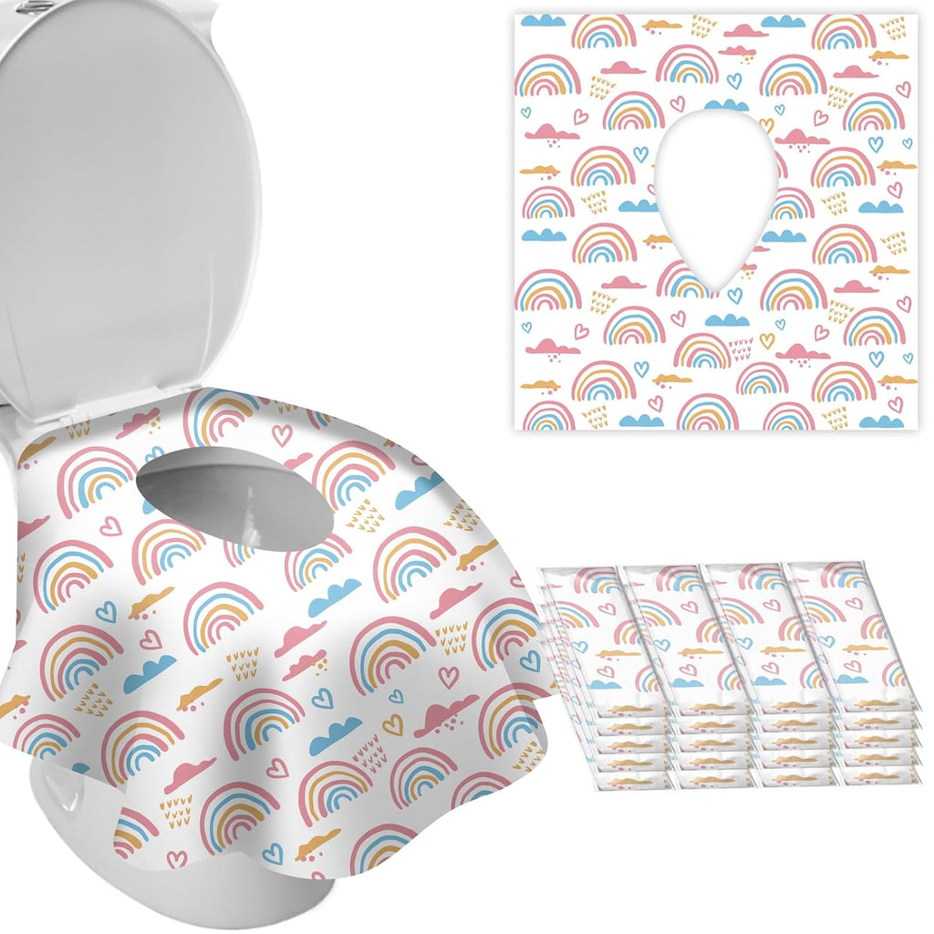 DEEKI 20 Pack Toilet Seat Covers Disposable, Safe No-Slip Waterproof for Kids Toddlers Use in Potty Training Public Restrooms Toilets, Portable Clean Covers for Adults Travel -Rainbow (20 Count)