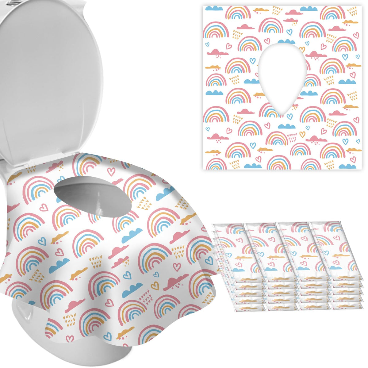 DEEKI 20 Pack Toilet Seat Covers Disposable, Safe No-Slip Waterproof for Kids Toddlers Use in Potty Training Public Restrooms Toilets, Portable Clean Covers for Adults Travel -Rainbow (20 Count)
