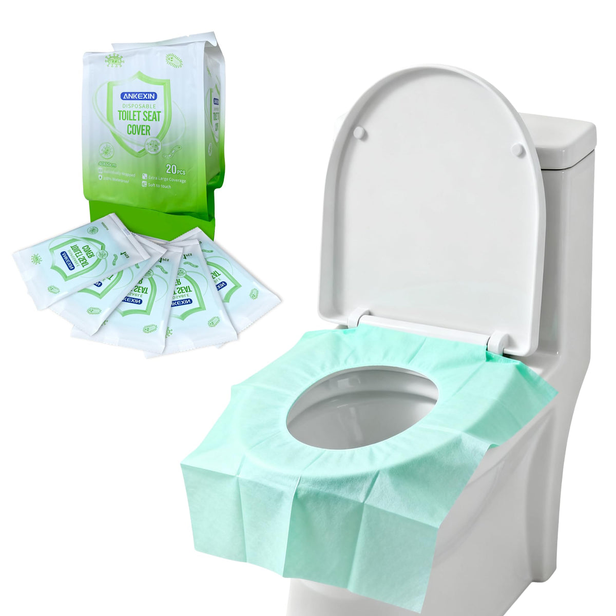 Disposable Toilet Seat Covers, 70 PCS Individually Travel Pack, XL Waterproof & Adhesive Secure Fit for Public Restrooms, Airplane & Office Use