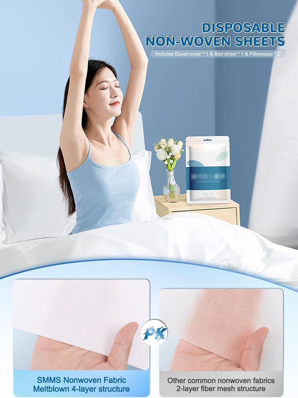 Disposable Bedding Sheets Set, 17pcs Portable Disposable Travel Set with Bed Sheet, Quilt Cover, 2 Pillowcases, Bath Towel, 2 Towels, Toothbrush Comb Set, Slippers - for Hotel, Camping and Travelling