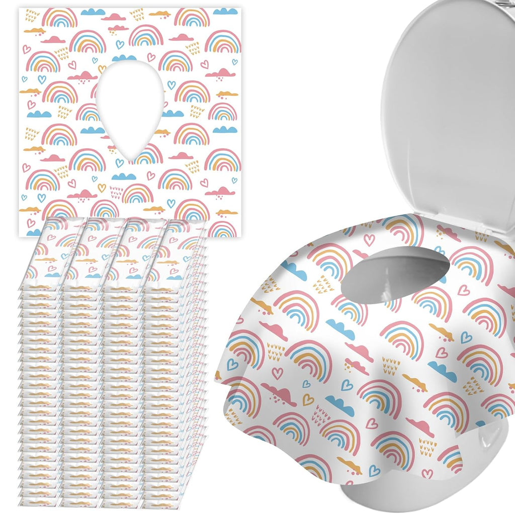 100 Pack Toilet Seat Covers Disposable, Extra Large No-Slip Waterproof for Toddler Potty Training, Individually Wrapped Portable Travel Essentials for Adults Kids Use in Public Restrooms-Rainbow