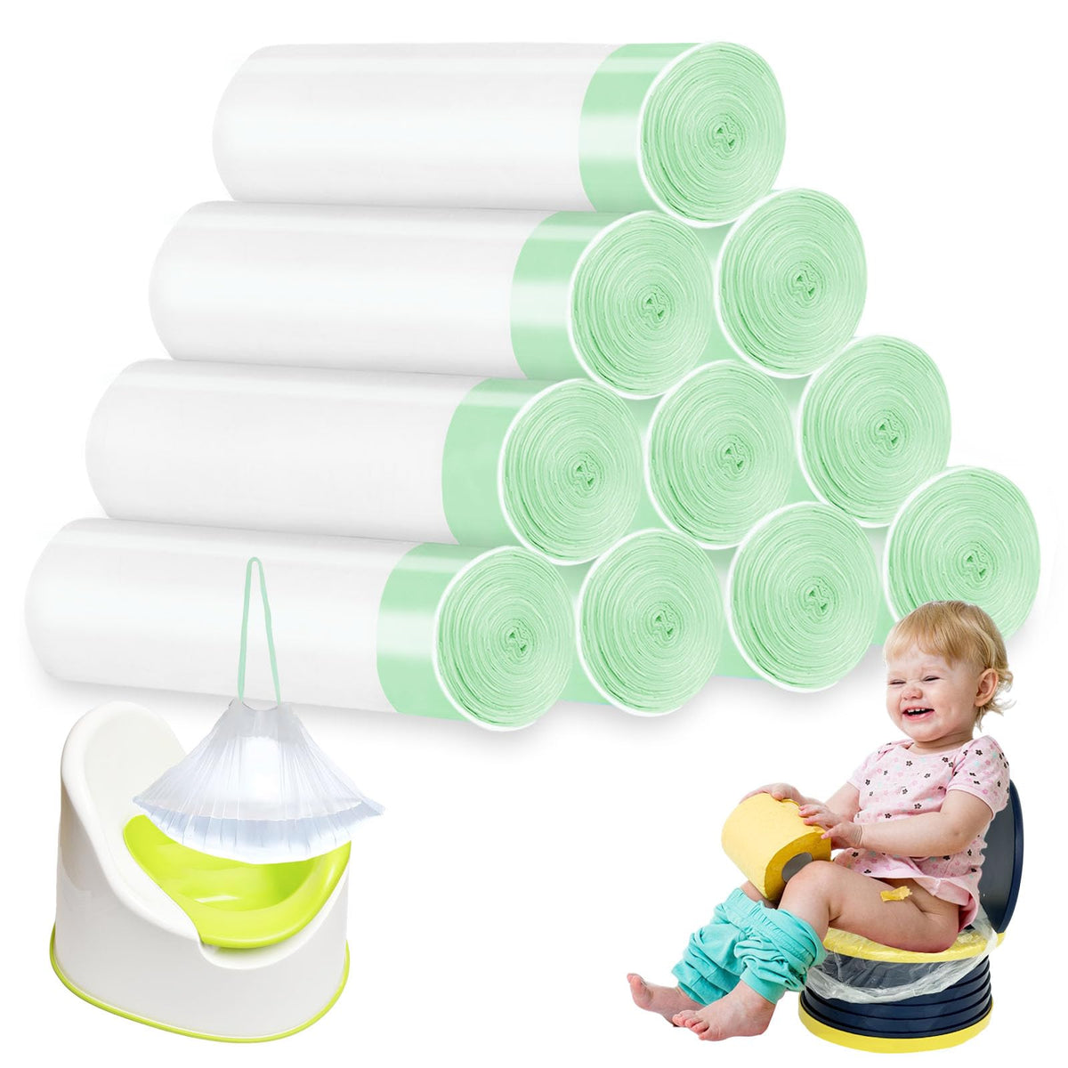 100 Pack Potty Chair Liners Disposable,Drawstring Training Toilet Seat Liner Bags Cleaning Bag for Kids Toddlers Outdoors Travel