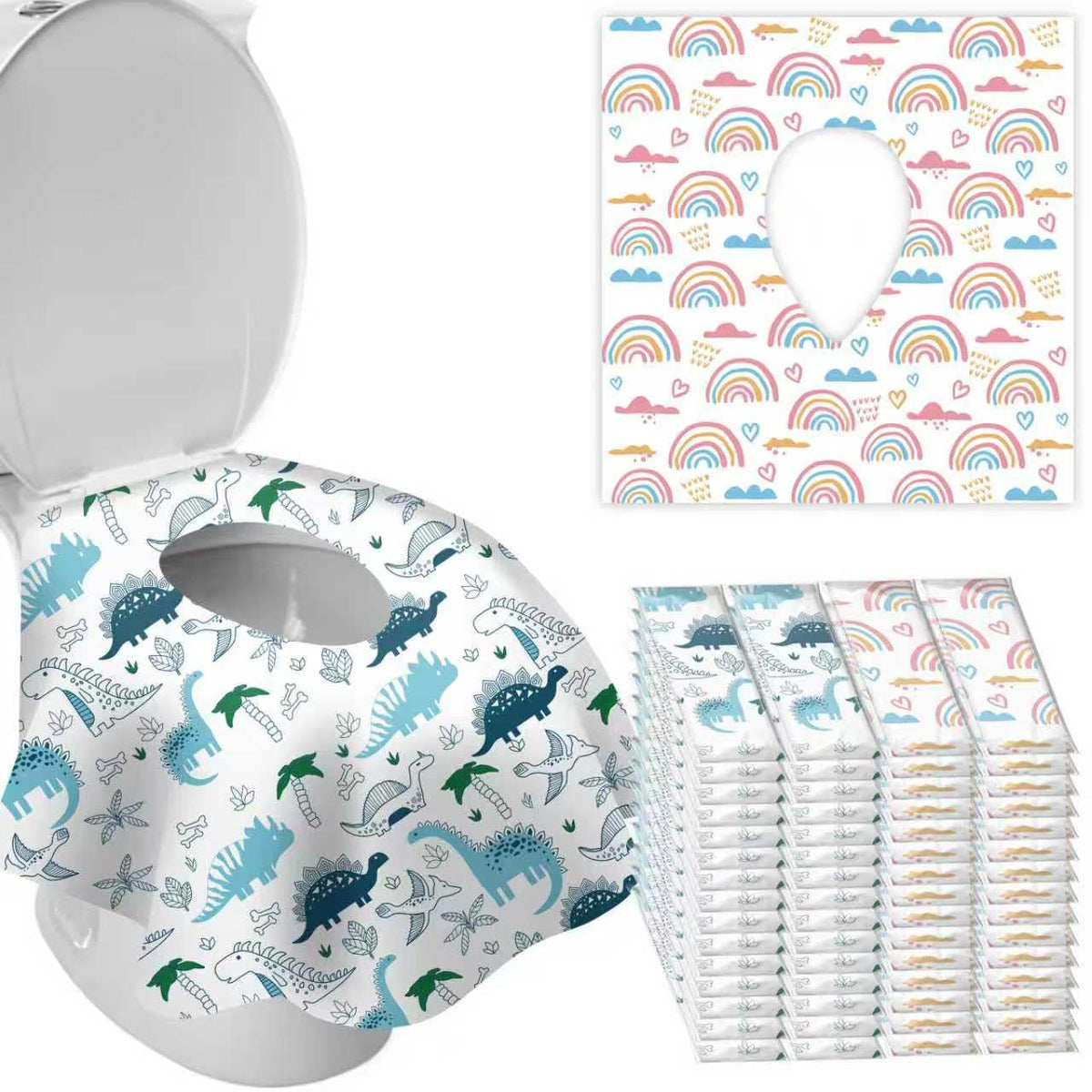 DEEKI 20 Pack Toilet Seat Covers Disposable, Safe No-Slip Waterproof for Kids Toddlers Use in Potty Training Public Restrooms Toilets, Portable Clean Covers for Adults Travel -Rainbow (20 Count)
