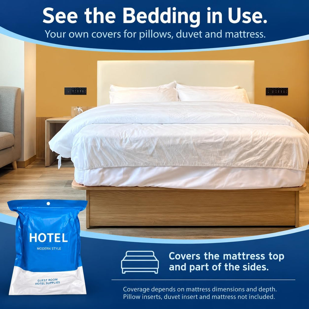 4-Piece Disposable Travel Bedding Set, Non-Woven Duvet Cover, Half-Fitted Sheet with Elastic Ends and 2 Pillowcases for Hotel Stays