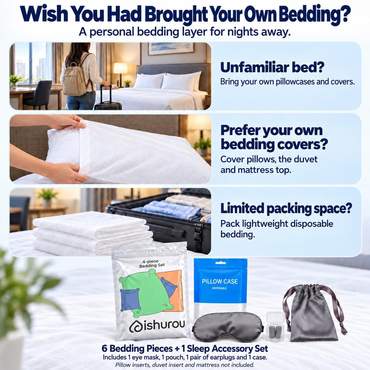 10-Piece Disposable Travel Bedding Set with Sleep Accessories