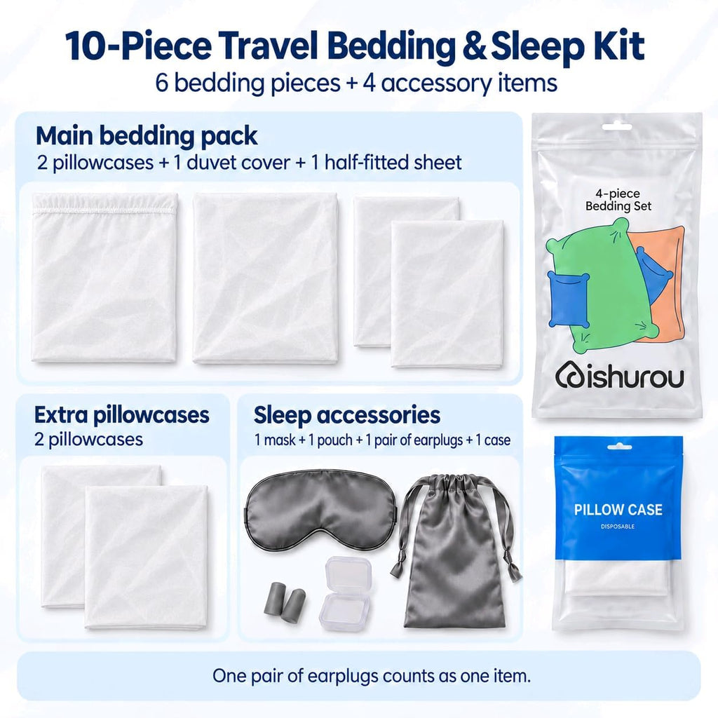 10-Piece Disposable Travel Bedding Set with Sleep Accessories