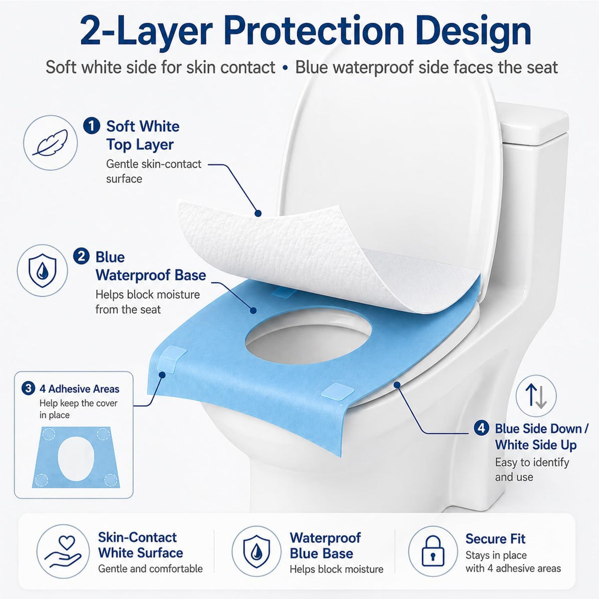 50 Count Disposable Toilet Seat Covers with Secure Adhesive Tabs for a Non-Slip Fit - XL Extra Large, Waterproof, Individually Wrapped for Travel, Kids, Adults, and Public Restrooms