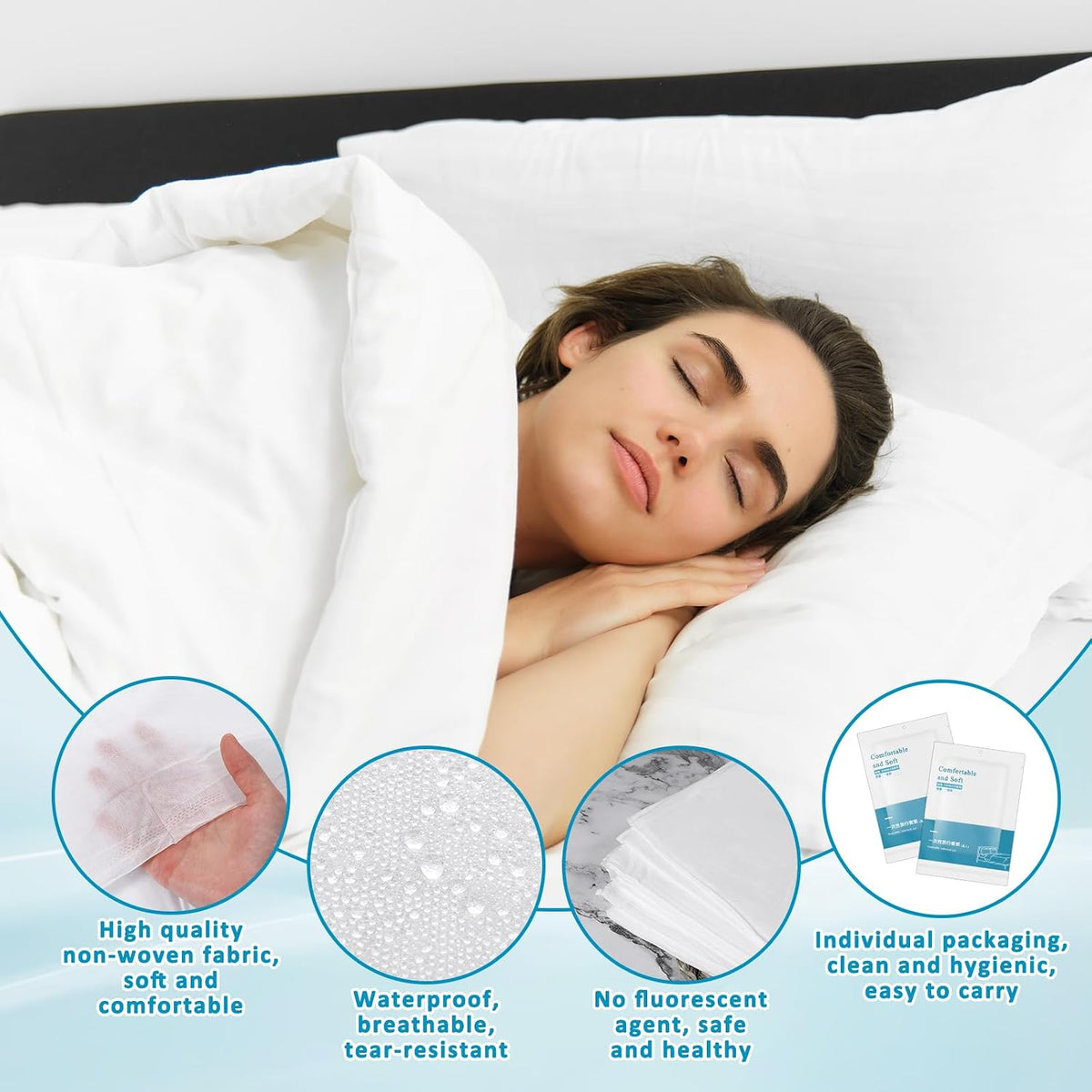 5 Sets Disposable Bedding Set for Travel King Size, 4-Piece Set Include 1Bed Sheets/1Quilt Cover/2Pillowcases, Individually Packaged Portable White Cover for Business Trip Hotel for Double bed