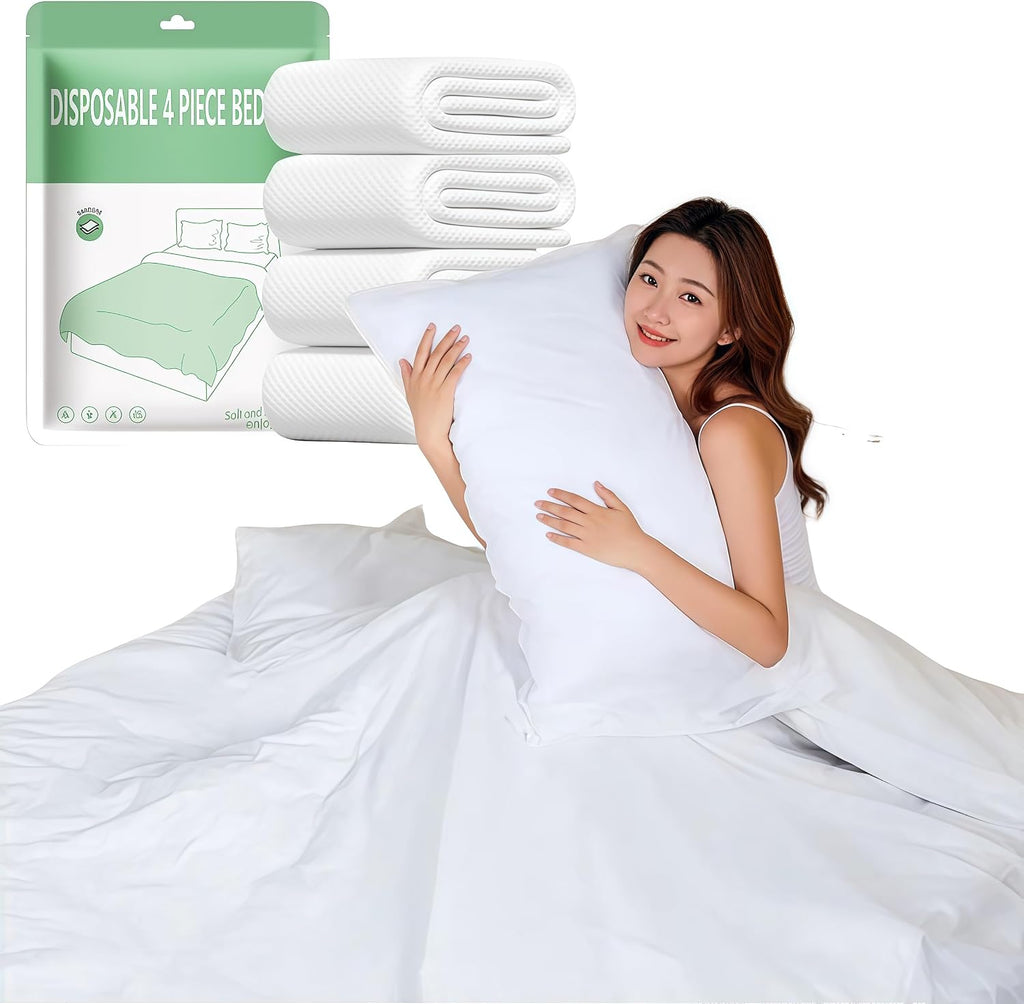 Travel Disposable Bedding Set, White SMMS Nonwoven, 4 Piece Queen Size with Fitted Sheet 71x79x8in, Duvet Cover 87x91in, 2 Pillowcases 20x31in, for Hotel Hospital Travel