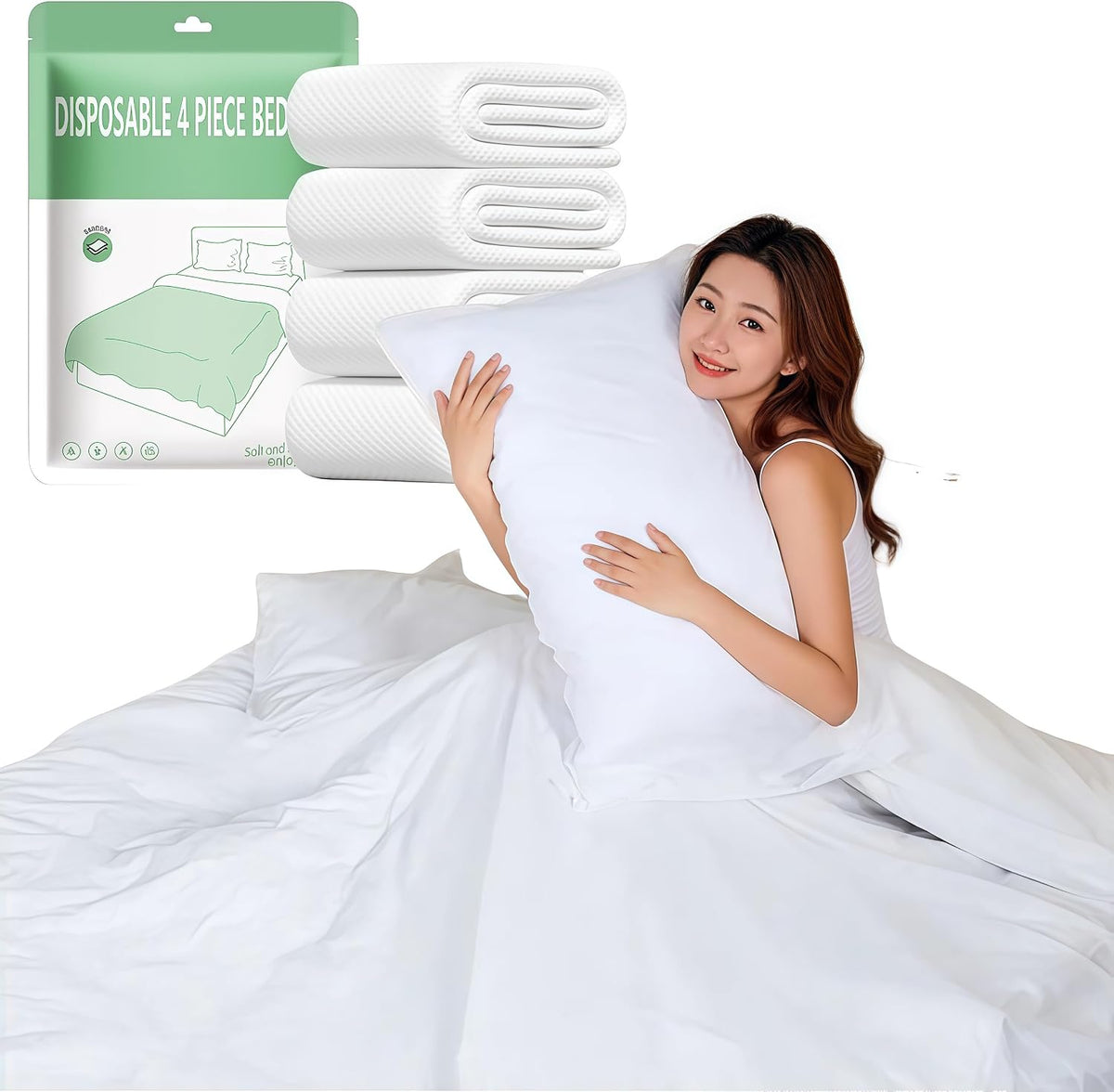 Travel Disposable Bedding Set, White SMMS Nonwoven, 4 Piece Queen Size with Fitted Sheet 71x79x8in, Duvet Cover 87x91in, 2 Pillowcases 20x31in, for Hotel Hospital Travel