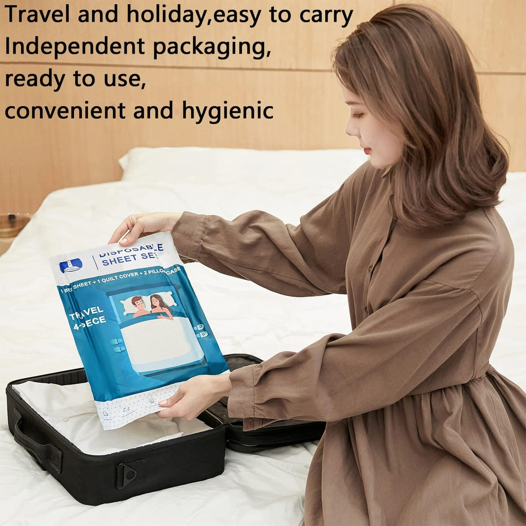 Yutianli Two Sets of Disposable Bed Sheets, Quilt Cover and Pillow case Set for Hotel and Travel. Portable Ready to use Bedding Set (Travel 4-Piece Double) 2 Sets