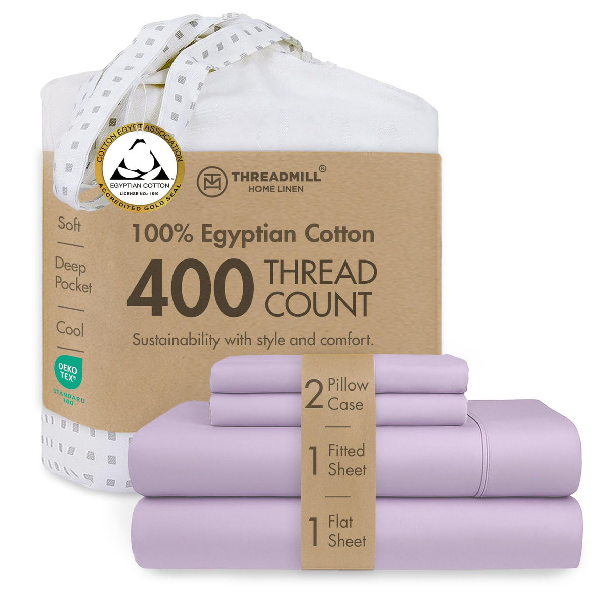 Threadmill 400 Thread Count Egyptian Cotton Full Sheet Set, Sateen, Lilac