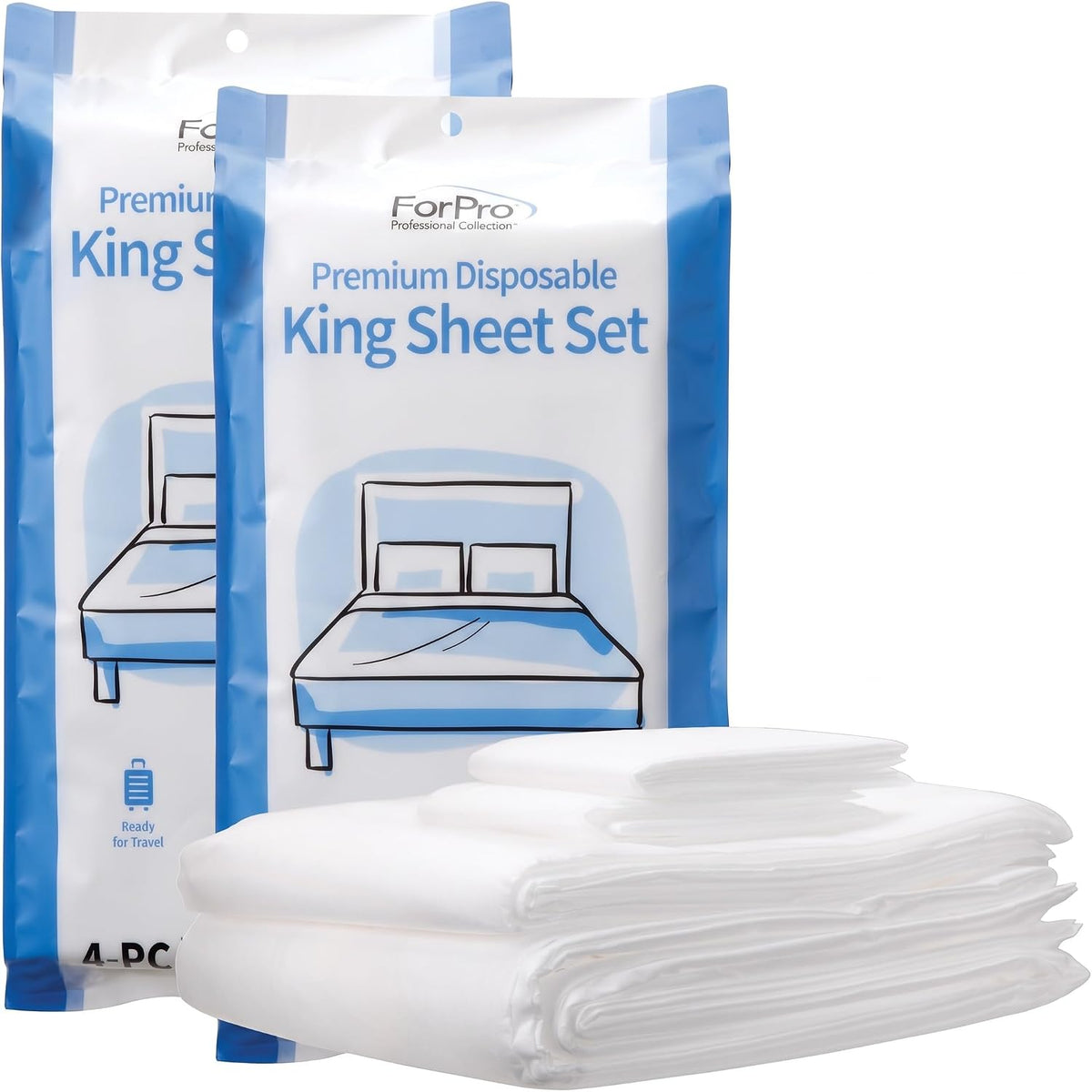 ForPro Premium Disposable Sheet Set, 4-PC King Size Bedding for Travel, Includes Bed Sheet, Duvet Cover and Two Pillowcases, White (Pack of 2)