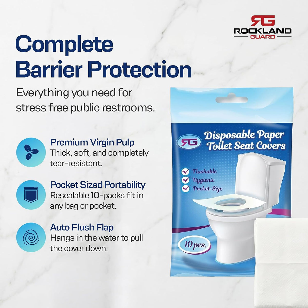 Rockland Guard Disposable Toilet Seat Covers - Flushable Paper Travel Pack - 50 Count (5 Resealable 10-Packs) - Portable Potty Training & Bathroom Hygiene Essentials for Adults & Kids