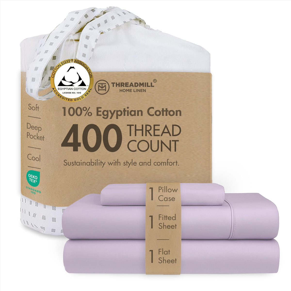 Threadmill 400 Thread Count Egyptian Cotton Full Sheet Set, Sateen, Lilac