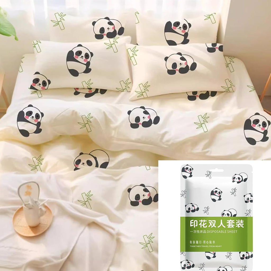 Disposables Quilts Covers Bedding Sheet Duvet Covers Pillowcase Set Soft NonWoven Fabric with Pandas for Travel and Home Use