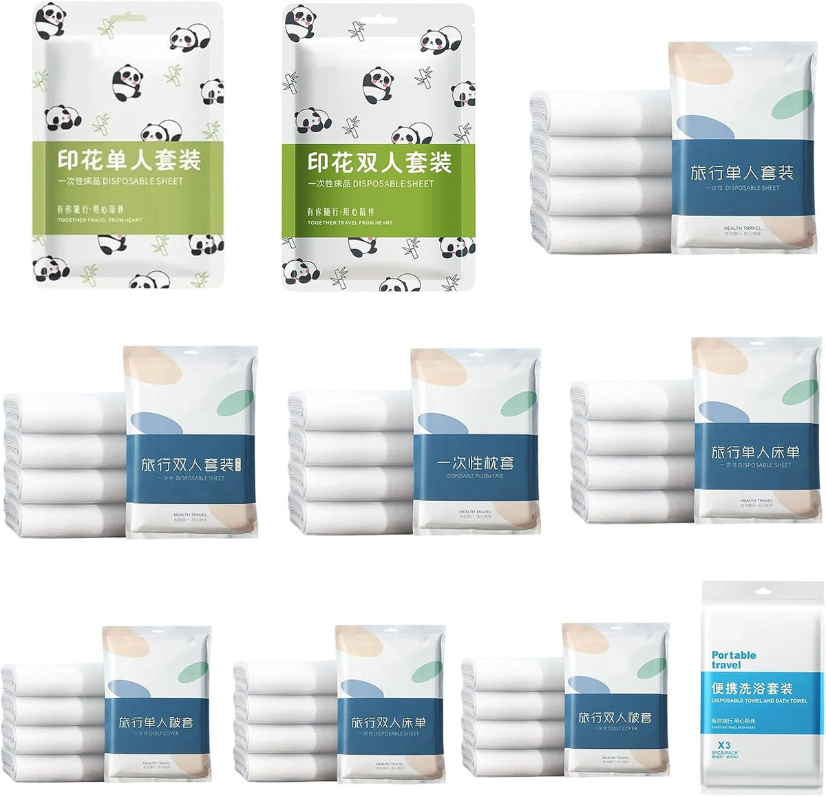 Disposables Quilts Covers Bedding Sheet Duvet Covers Pillowcase Set Soft NonWoven Fabric with Pandas for Travel and Home Use