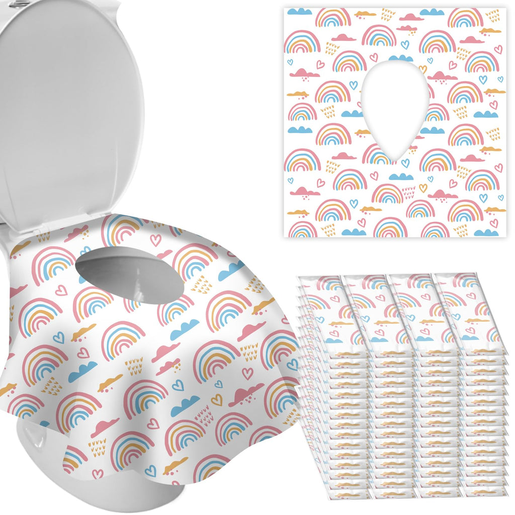 DEEKI 20 Pack Toilet Seat Covers Disposable, Safe No-Slip Waterproof for Kids Toddlers Use in Potty Training Public Restrooms Toilets, Portable Clean Covers for Adults Travel -Rainbow (20 Count)