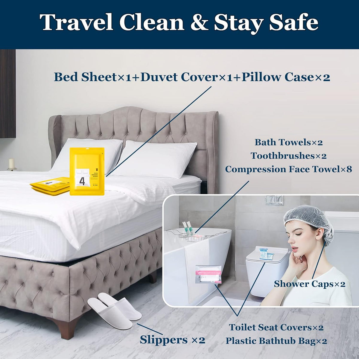 Extguds Disposable Travel Set: Bed Sheet×1+Duvet Cover×1+Pillow case×2+Bath Towels×2+Shower Caps×2+Plastic Bathtub Bag×2+Toilet Seat Covers×2+Compression face Towel×8+Toothbrushes×2+Slippers×2
