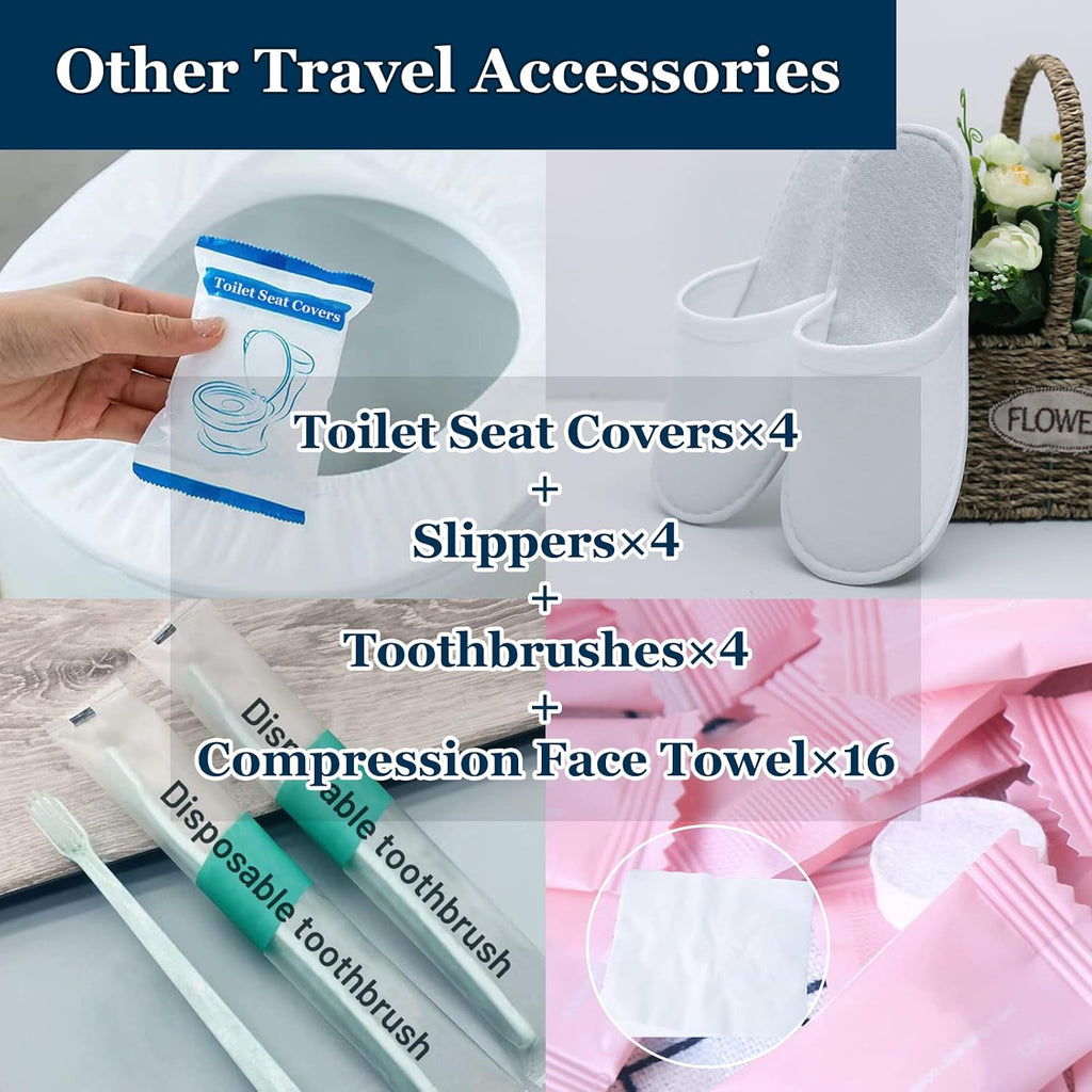 Extguds Disposable Travel Set : Bed Sheet×2+Duvet Cover×2+Pillow case×4+Bath Towels×4+Shower Caps×4+Plastic Bathtub Bag×4+Toilet Seat Covers×4+Compression face Towel×16+Toothbrushes×4+Slippers×4