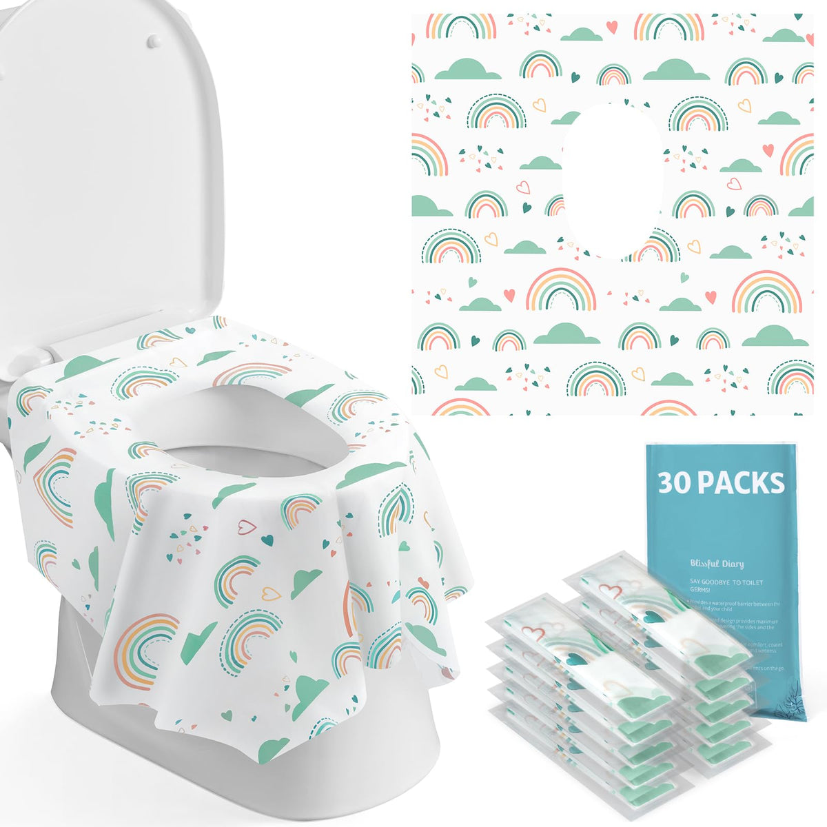 Blissful Diary 30 Pcs Toilet Seat Covers Disposable for Toddlers & Adults, Extra Large Waterproof, Portable Package for Travel, Kids Potty Training