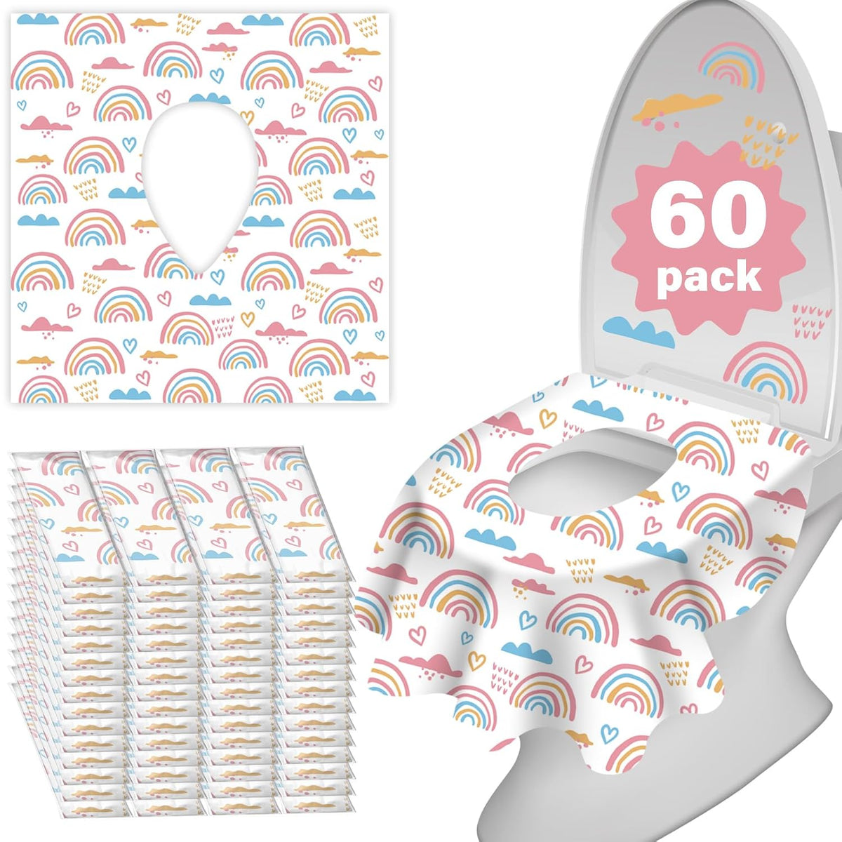 60 Pack Toilet Seat Covers Disposable, Extra Large Waterproof Toilet Cover for Toddlers & Adults, Individually Wrapped Travel Essential Portable Potty Training in Public Restrooms, Trip - Rainbow