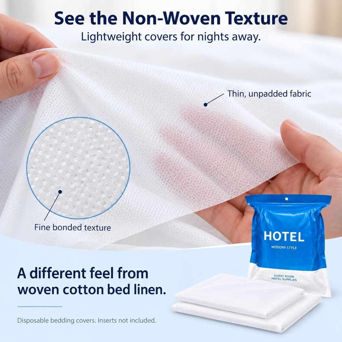 4-Piece Disposable Travel Bedding Set, Non-Woven Duvet Cover, Half-Fitted Sheet with Elastic Ends and 2 Pillowcases for Hotel Stays