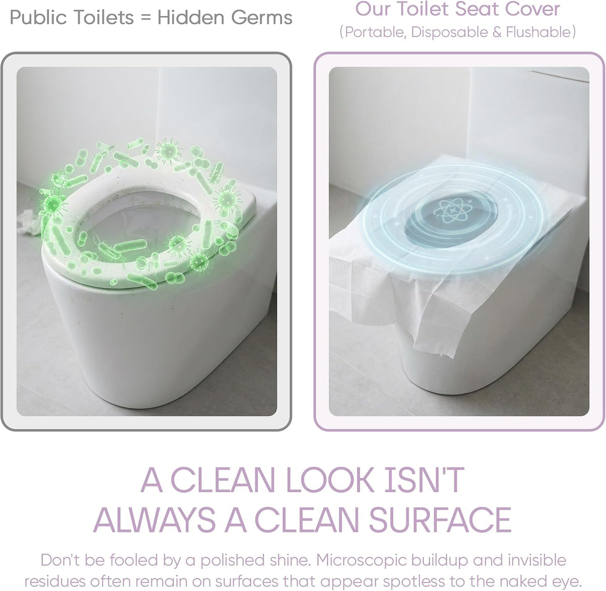 Toilet Seat Cover Paper Flushable (50 Pack) Regular Size (18x15”) - Toilet Seat Cover 100% Biodegradable & Thicker - Travel Essential Accessories for Airplane, Camping - 5 Packs of 10 Pcs