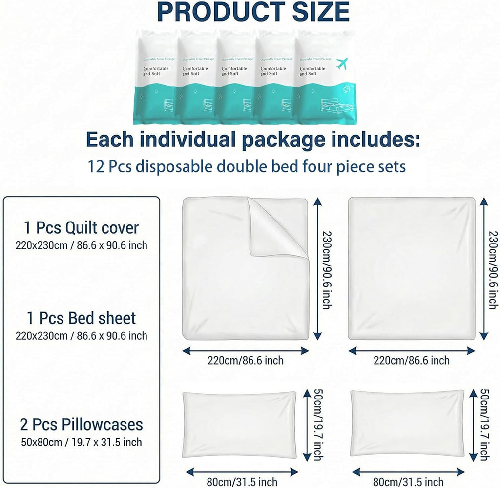 12 Sets Disposable Bed Sheets Include Quilt Cover Pillowcases Bed Sheets Portable Soft White Cover for Hospital Hotel Business Trip Spa Travel