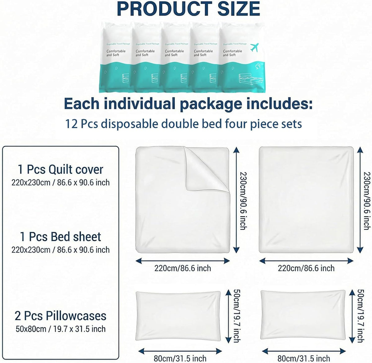 12 Sets Disposable Bed Sheets Include Quilt Cover Pillowcases Bed Sheets Portable Soft White Cover for Hospital Hotel Business Trip Spa Travel