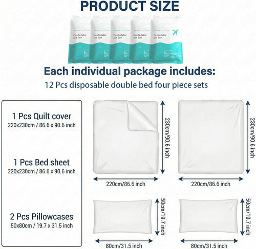 12 Sets Disposable Bed Sheets Include Quilt Cover Pillowcases Bed Sheets Portable Soft White Cover for Hospital Hotel Business Trip Spa Travel