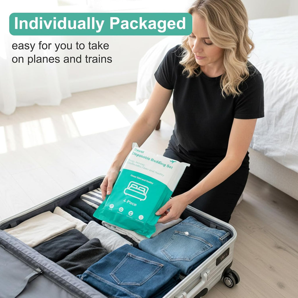4 Pack Disposable Bed Sheets Queen Size Travel Sheet for Hotel Disposable Bedding Set with Quilt Cover and Pillowcases Travel Essentials for Hotel Cruise and Camping
