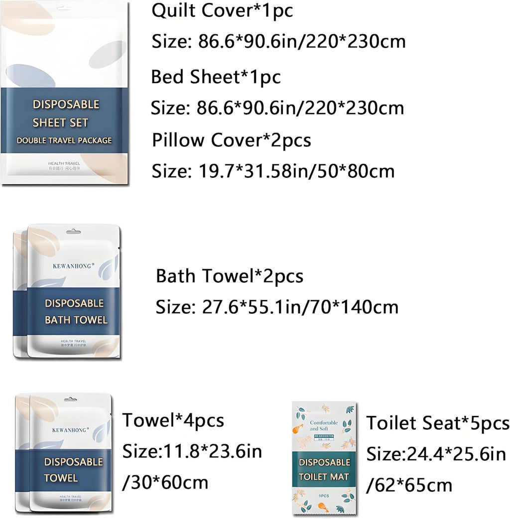 Disposable Travel Bedding Set: 12-Piece Hotel Cleaning Kit with UV Sterilized Sheets, Pillow Cases & Towels | Queen/King Size | Bed Bug Proof for Camping, SPA, Hostels