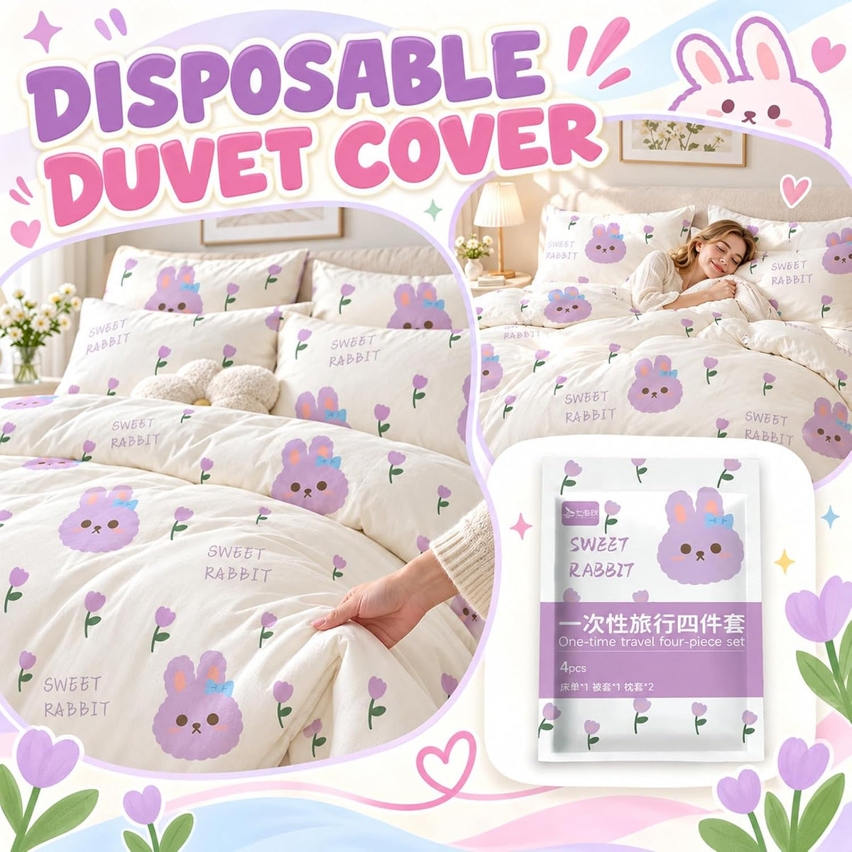 Disposable Sheet Set for Travel, 4-piec Bedding for Couple Purple