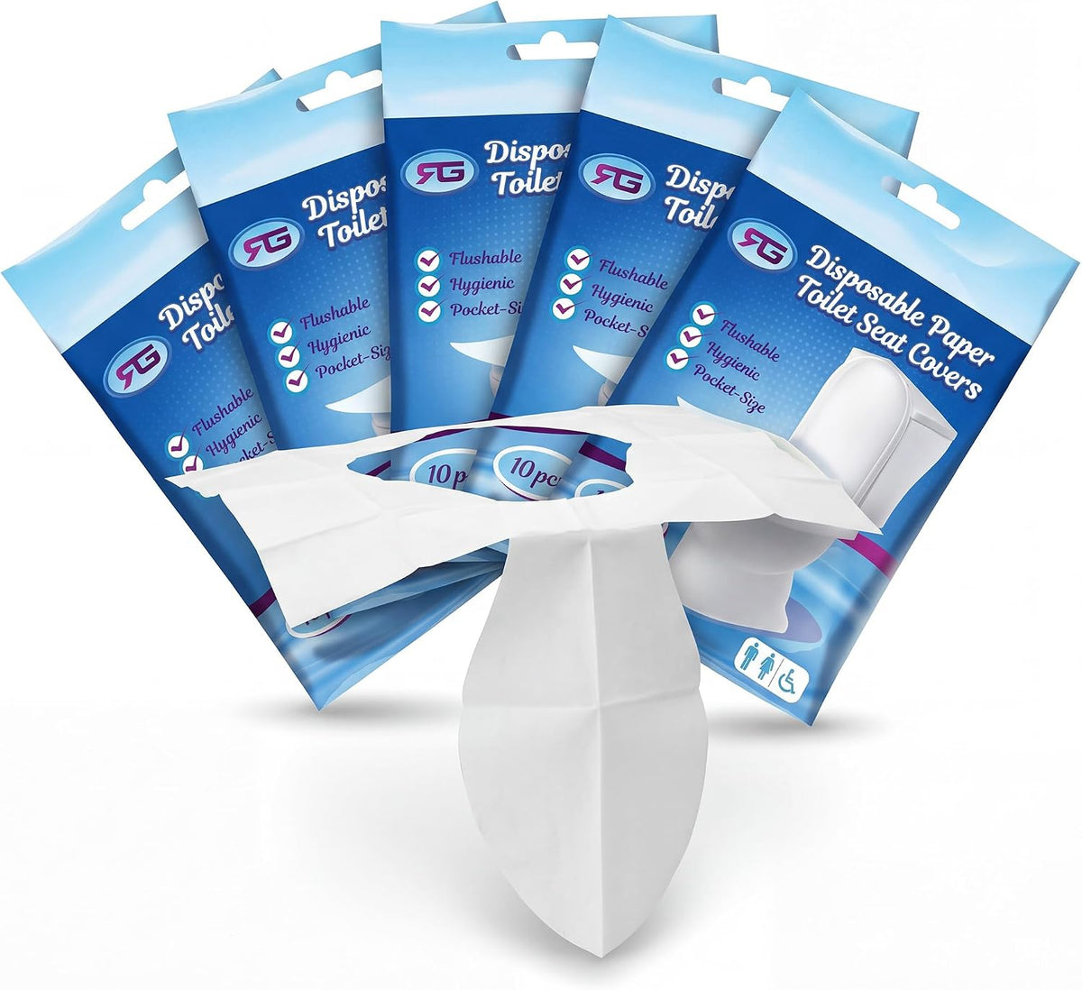 Rockland Guard Disposable Toilet Seat Covers - Flushable Paper Travel Pack - 50 Count (5 Resealable 10-Packs) - Portable Potty Training & Bathroom Hygiene Essentials for Adults & Kids