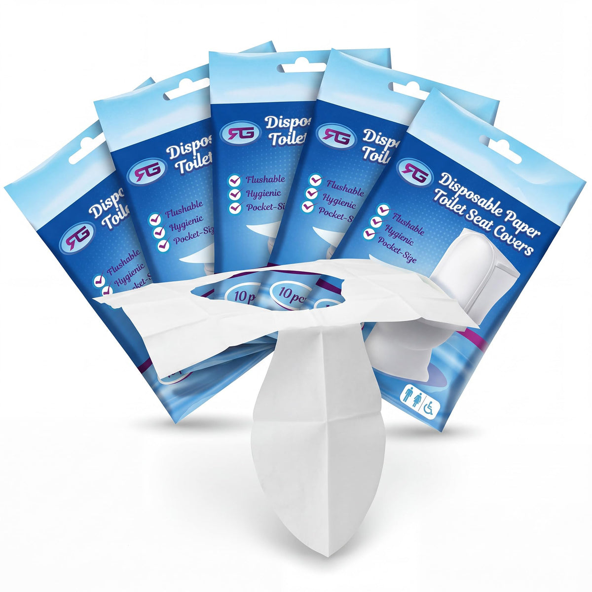 Rockland Guard Disposable Toilet Seat Covers - Flushable Paper Travel Pack - 50 Count (5 Resealable 10-Packs) - Portable Potty Training & Bathroom Hygiene Essentials for Adults & Kids