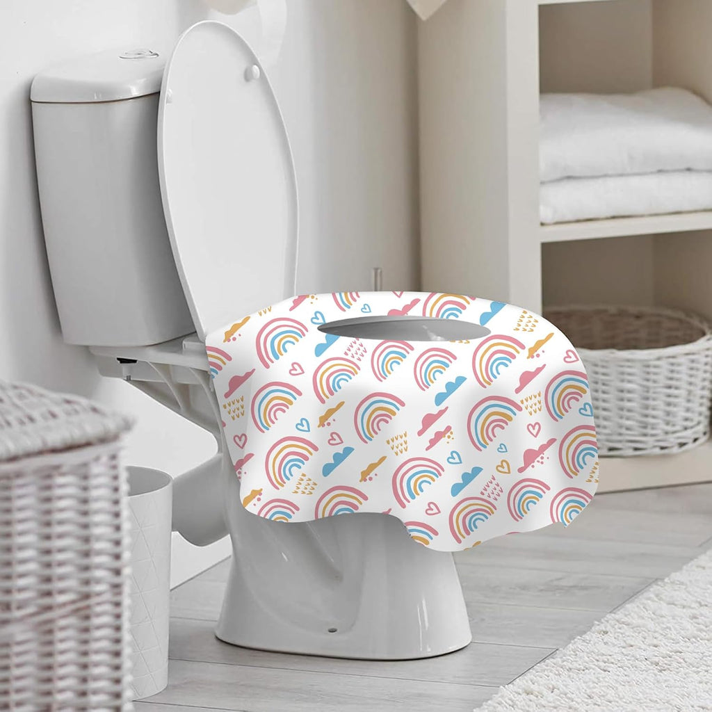 DEEKI 20 Pack Toilet Seat Covers Disposable, Safe No-Slip Waterproof for Kids Toddlers Use in Potty Training Public Restrooms Toilets, Portable Clean Covers for Adults Travel -Rainbow (20 Count)
