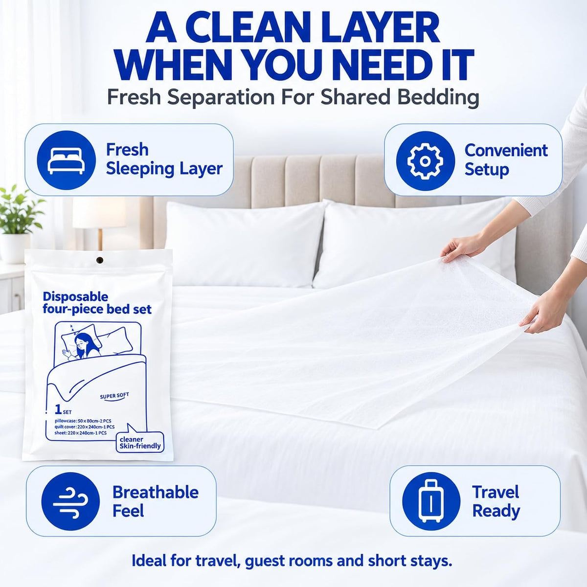 Disposable Bed Sheets for Travel Queen Size, 2 Pack Disposable Bedding Set