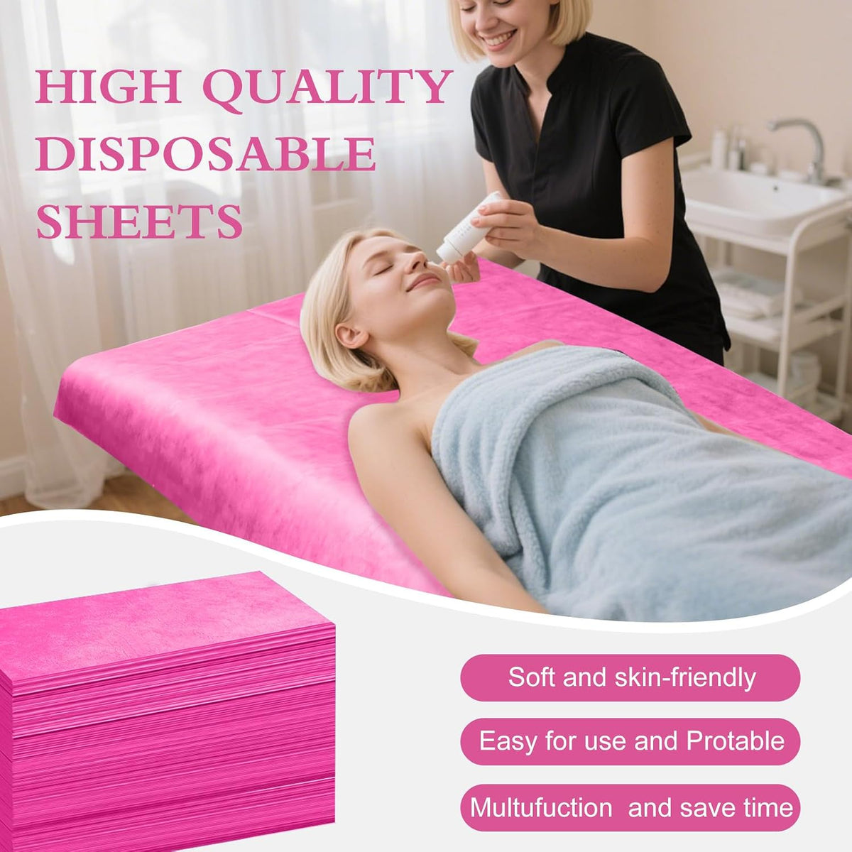 100 Pack Disposable Bed Sheets – 31.5 x 71 in Waterproof Non-woven Sheets for Massage, Spa, Tattoo & Salon Tables (Pink)