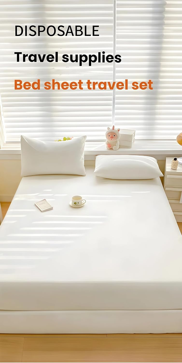 Travel Disposable Bedding Set, White SMMS Nonwoven, 4 Piece Queen Size with Fitted Sheet 71x79x8in, Duvet Cover 87x91in, 2 Pillowcases 20x31in, for Hotel Hospital Travel