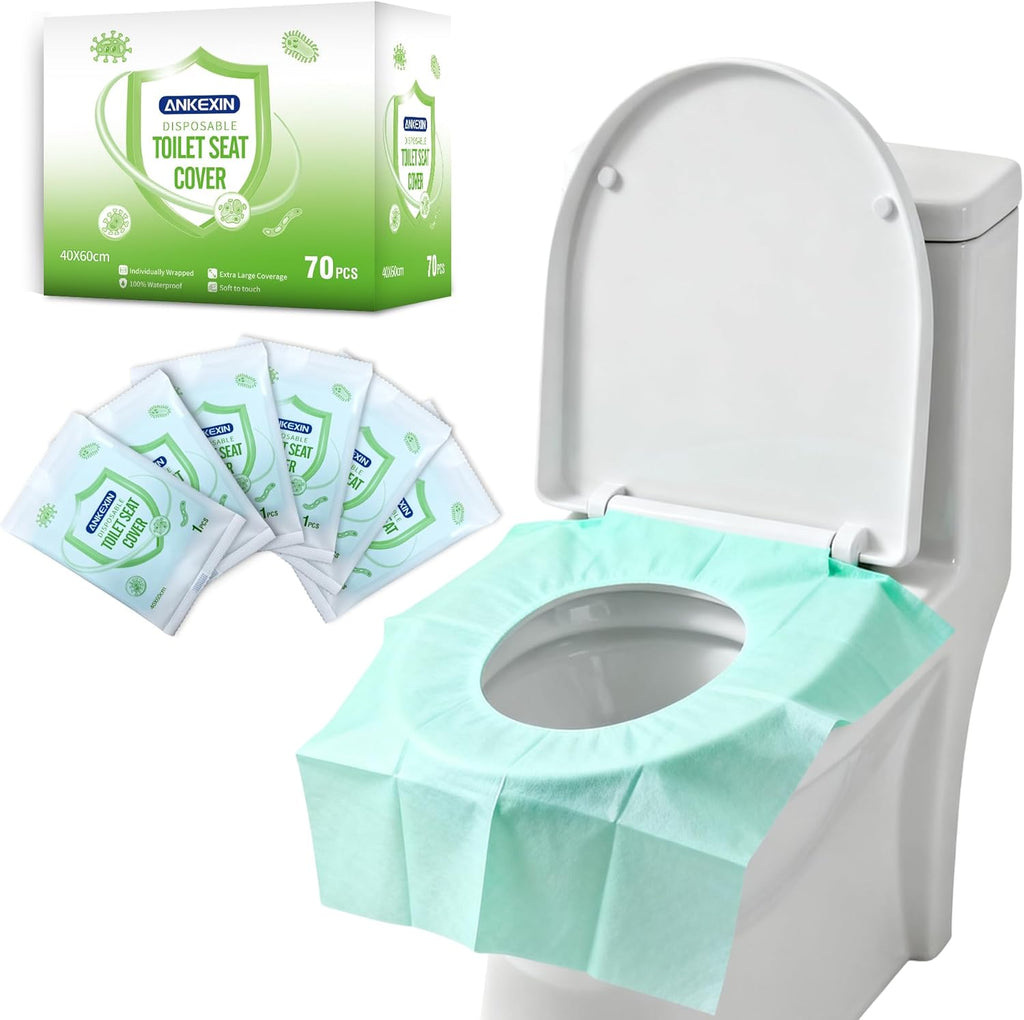 Disposable Toilet Seat Covers, 70 PCS Individually Travel Pack, XL Waterproof & Adhesive Secure Fit for Public Restrooms, Airplane & Office Use