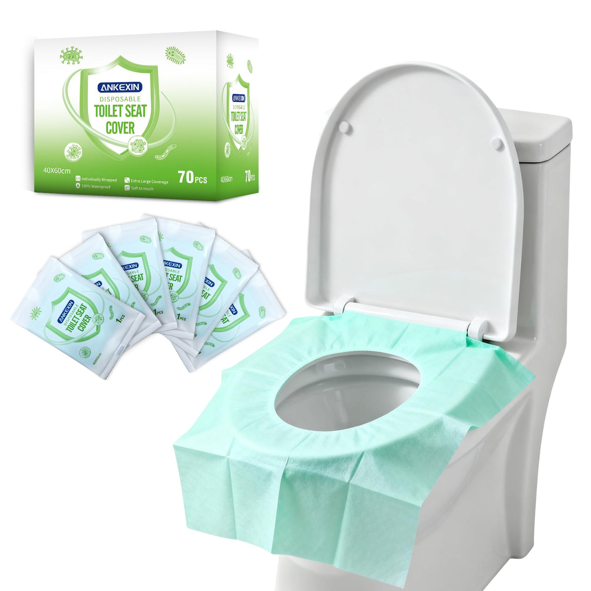Disposable Toilet Seat Covers, 70 PCS Individually Travel Pack, XL Waterproof & Adhesive Secure Fit for Public Restrooms, Airplane & Office Use