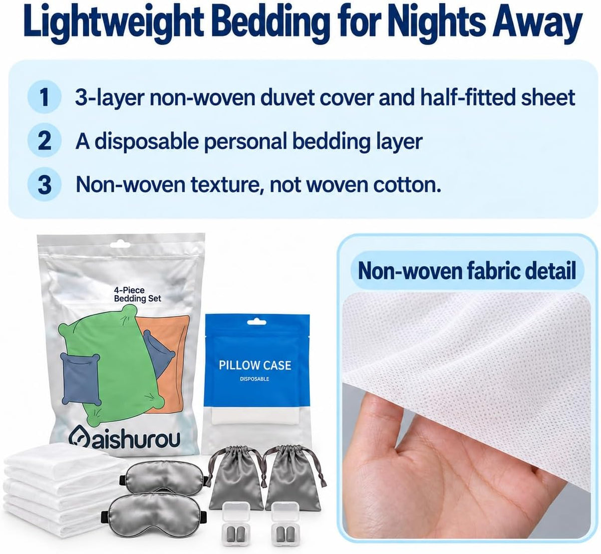 14-Piece Disposable Travel Bedding Set with Sleep Accessories for Two