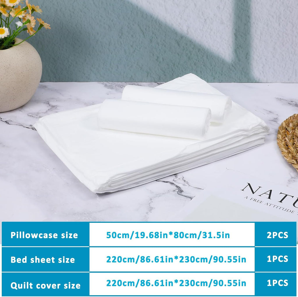 5 Sets Disposable Bedding Set for Travel King Size, 4-Piece Set Include 1Bed Sheets/1Quilt Cover/2Pillowcases, Individually Packaged Portable White Cover for Business Trip Hotel for Double bed