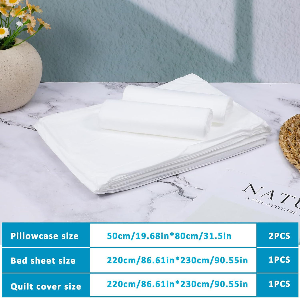 5 Sets Disposable Bedding Set for Travel King Size, 4-Piece Set Include 1Bed Sheets/1Quilt Cover/2Pillowcases, Individually Packaged Portable White Cover for Business Trip Hotel for Double bed