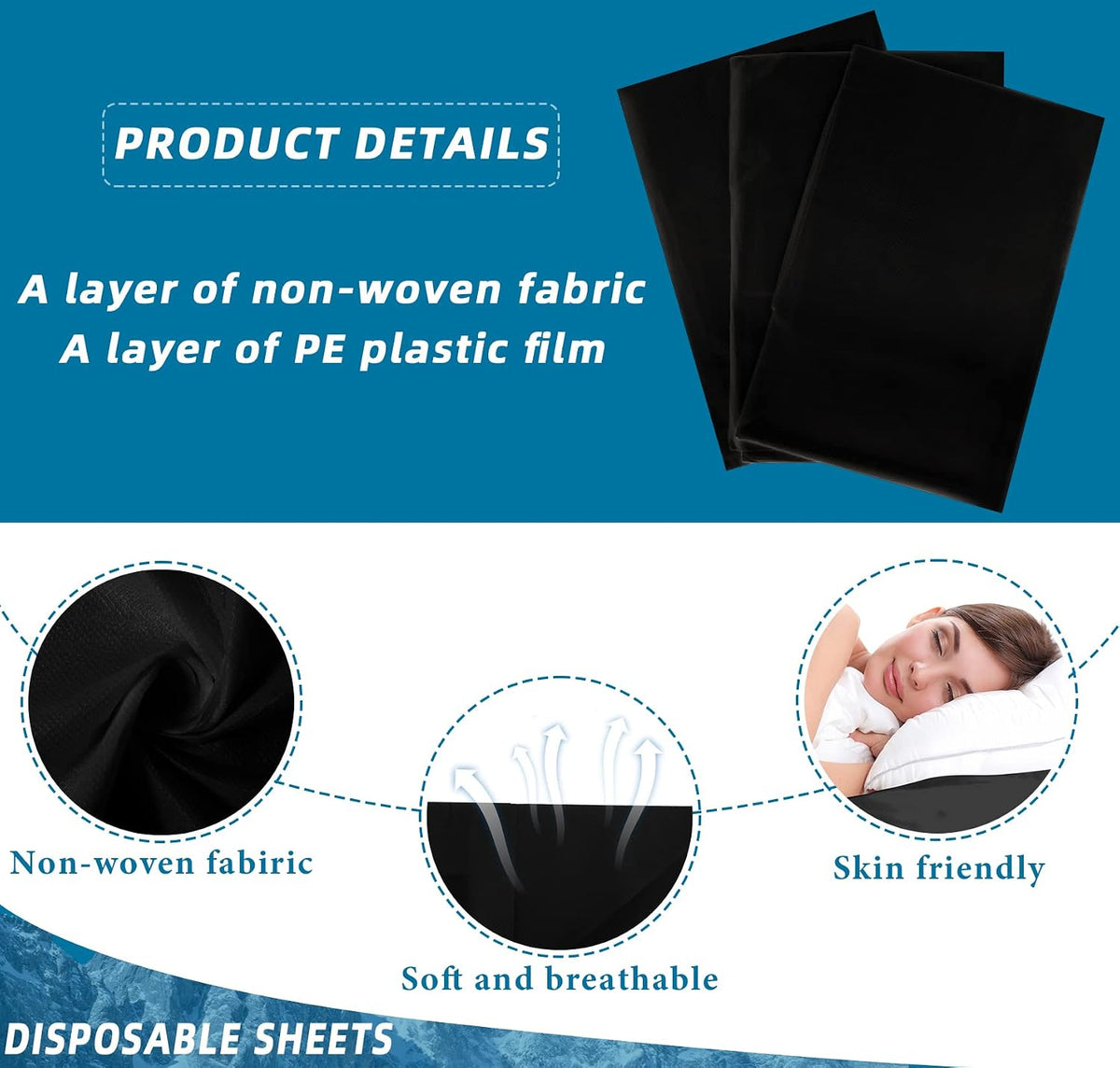 Tatuo 50 Pieces 31 x 70 Inches Disposable Bed Sheets Waterproof,black