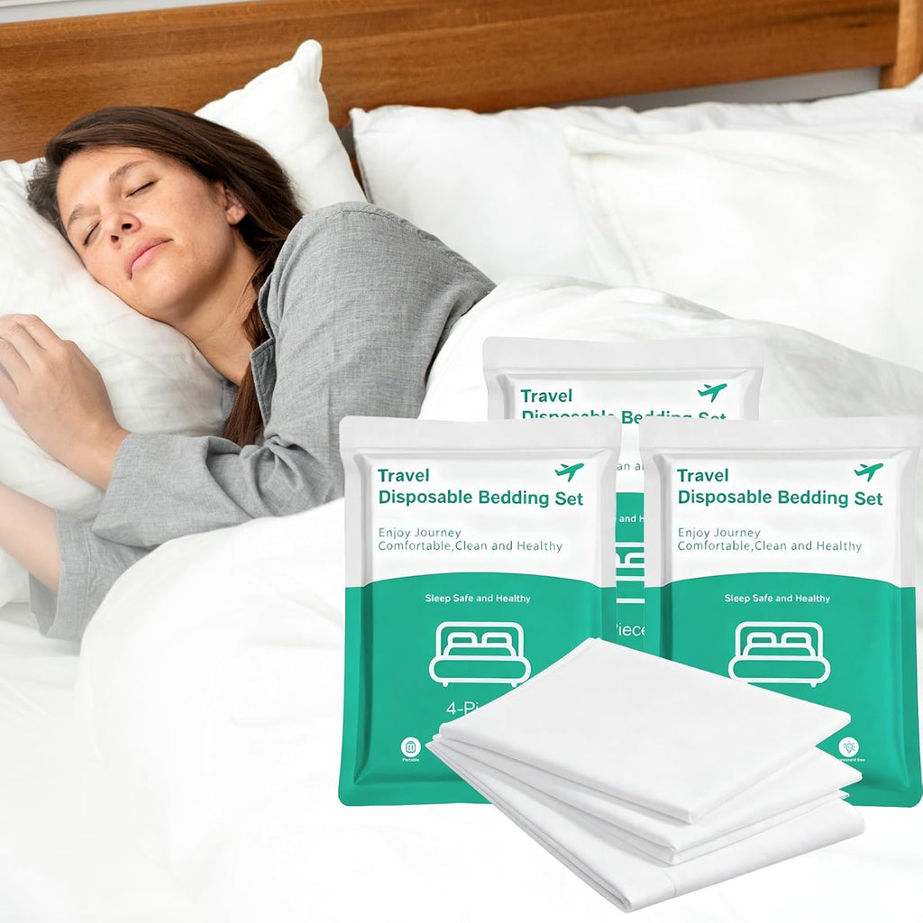 4 Pack Disposable Bed Sheets Queen Size Travel Sheet for Hotel Disposable Bedding Set with Quilt Cover and Pillowcases Travel Essentials for Hotel Cruise and Camping
