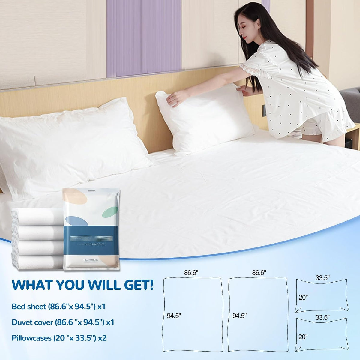 Disposable Bedding Sheets Set, 17pcs Portable Disposable Travel Set with Bed Sheet, Quilt Cover, 2 Pillowcases, Bath Towel, 2 Towels, Toothbrush Comb Set, Slippers - for Hotel, Camping and Travelling
